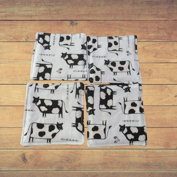 Fabric Coasters, Set Of 4, Reversible Cows and Black and White Ticking - Picture 3 of 6